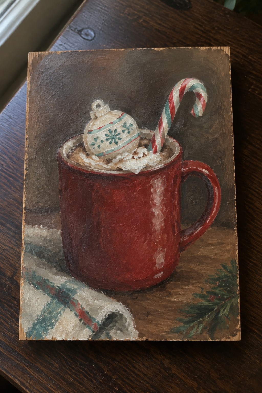 Red mug of hot chocolate with whipped cream, candy cane, and ornament on wood