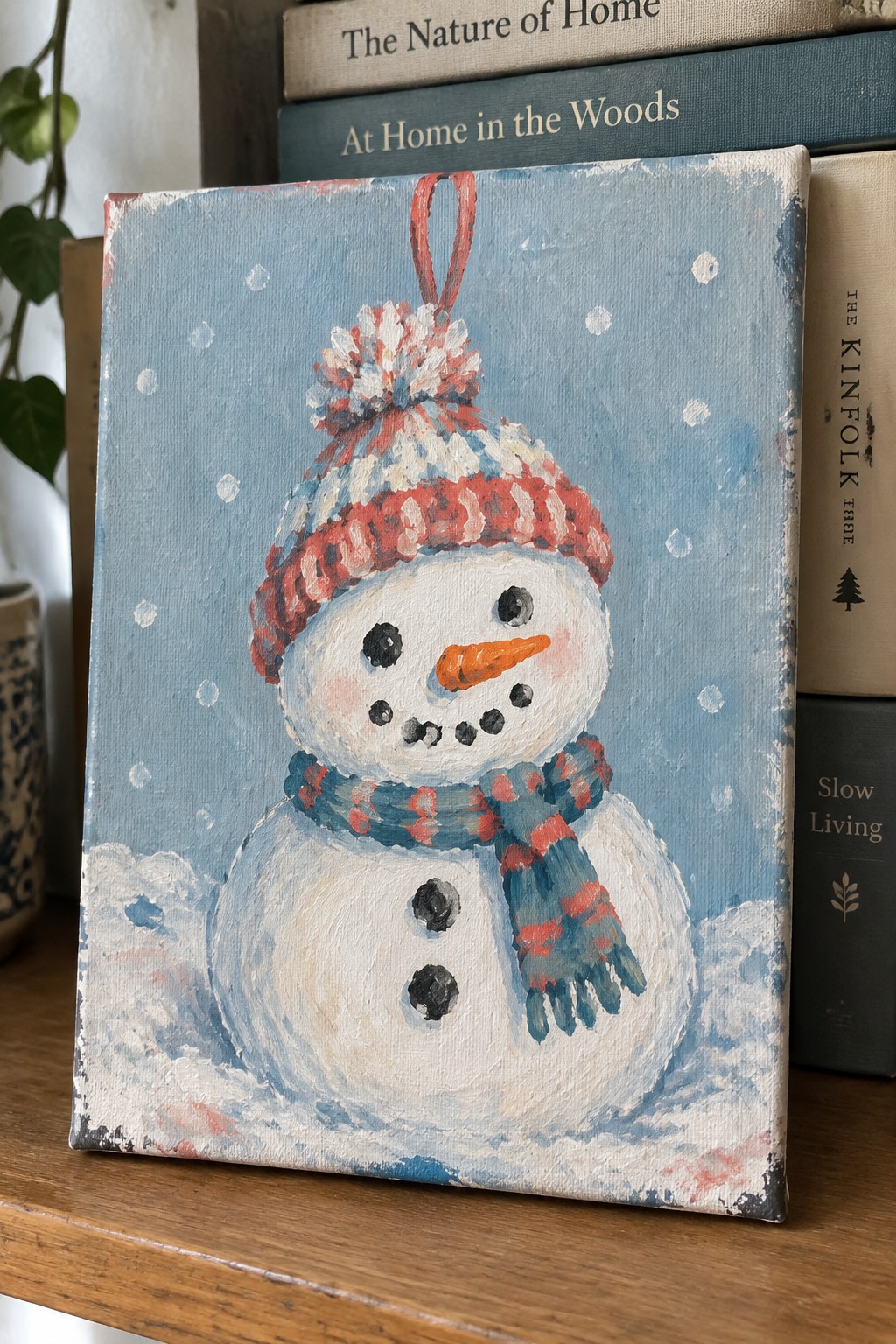 Canvas painting of snowman in red pom-pom hat and plaid scarf with snowflakes