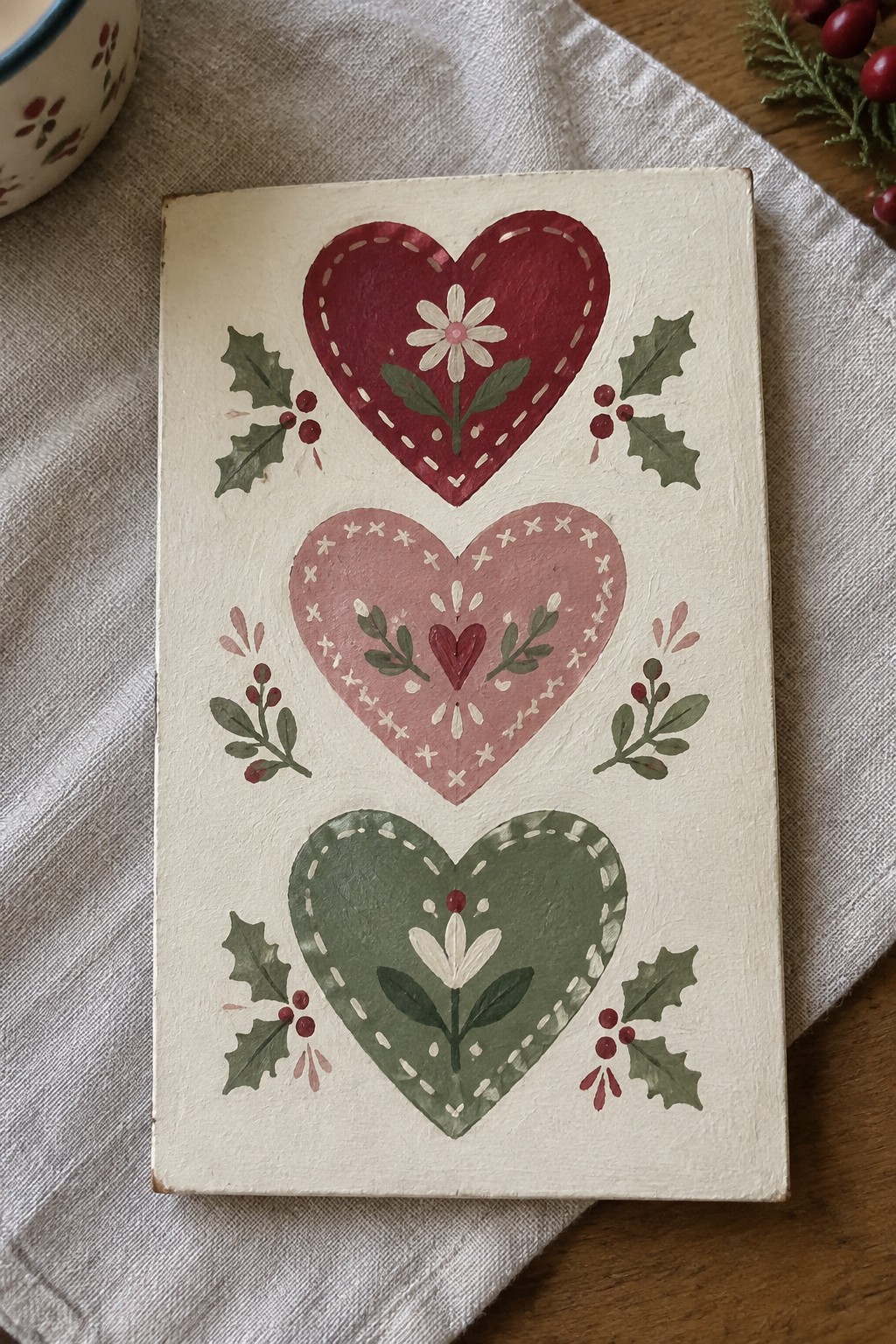 Three stacked hearts in red, pink, and green with holly on white wood
