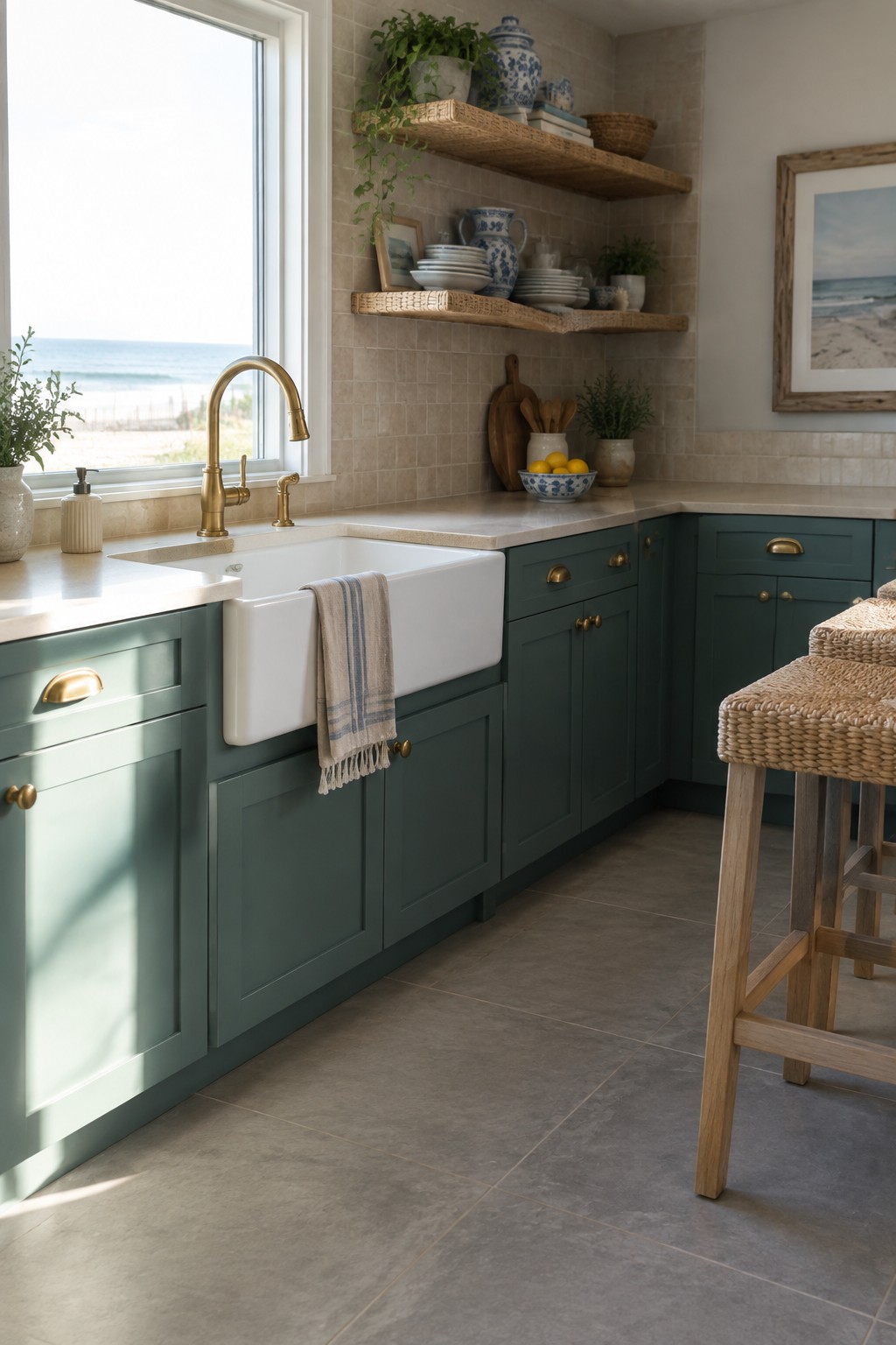 A kitchen with dark green cabinets, brass hardware, and a white farmhouse sink.