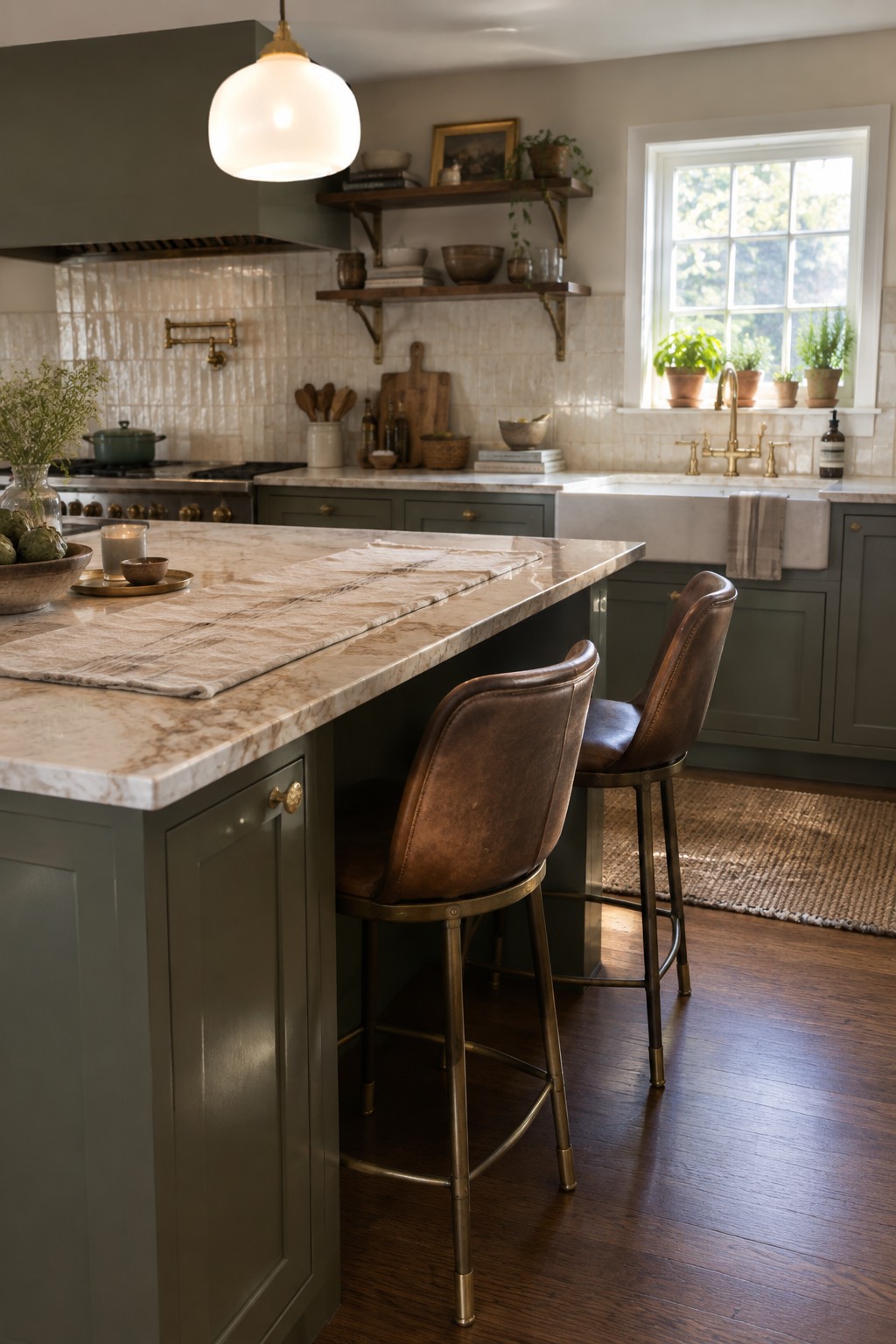 A kitchen featuring dark green cabinets and a marble-topped island with leather bar stools.