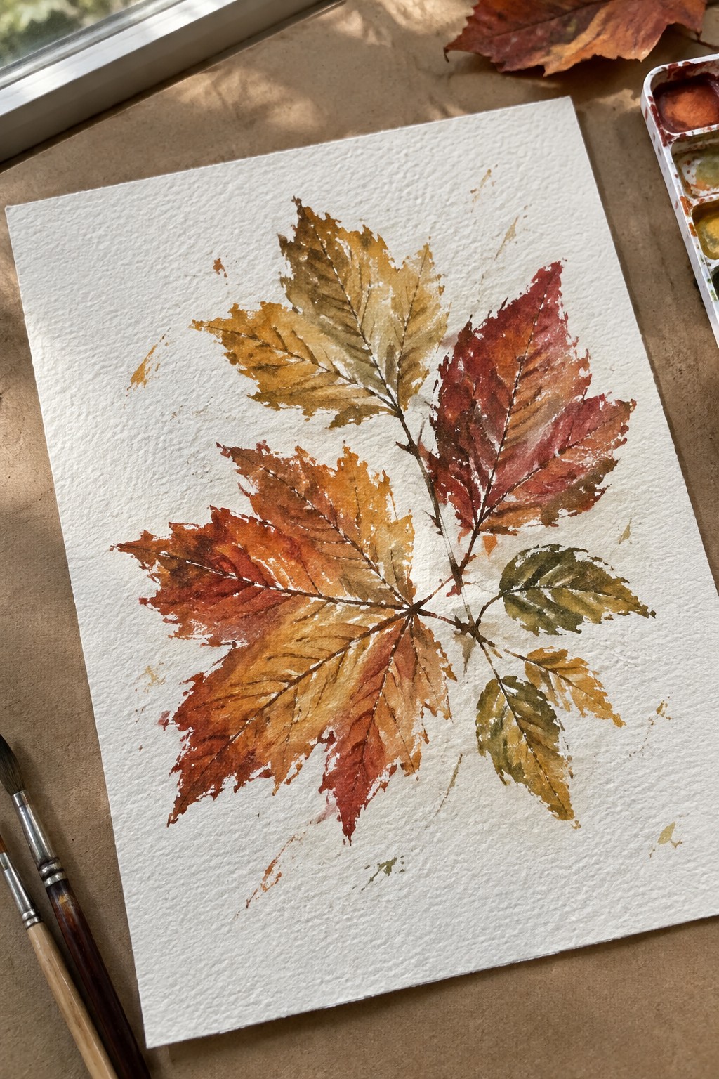 Watercolor painting of colorful autumn maple leaves with paintbrushes and palette.