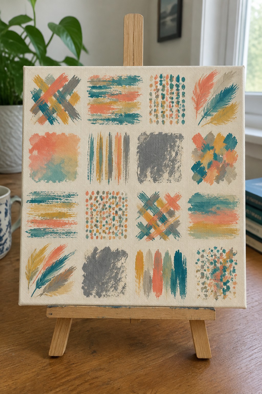 Canvas on easel with colorful abstract brushstrokes, dots, crosses, and feathers