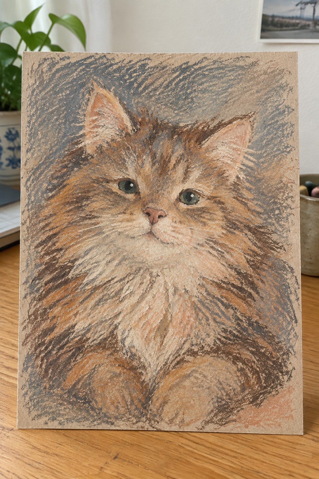 Pastel drawing of fluffy orange cat with green eyes on brown paper