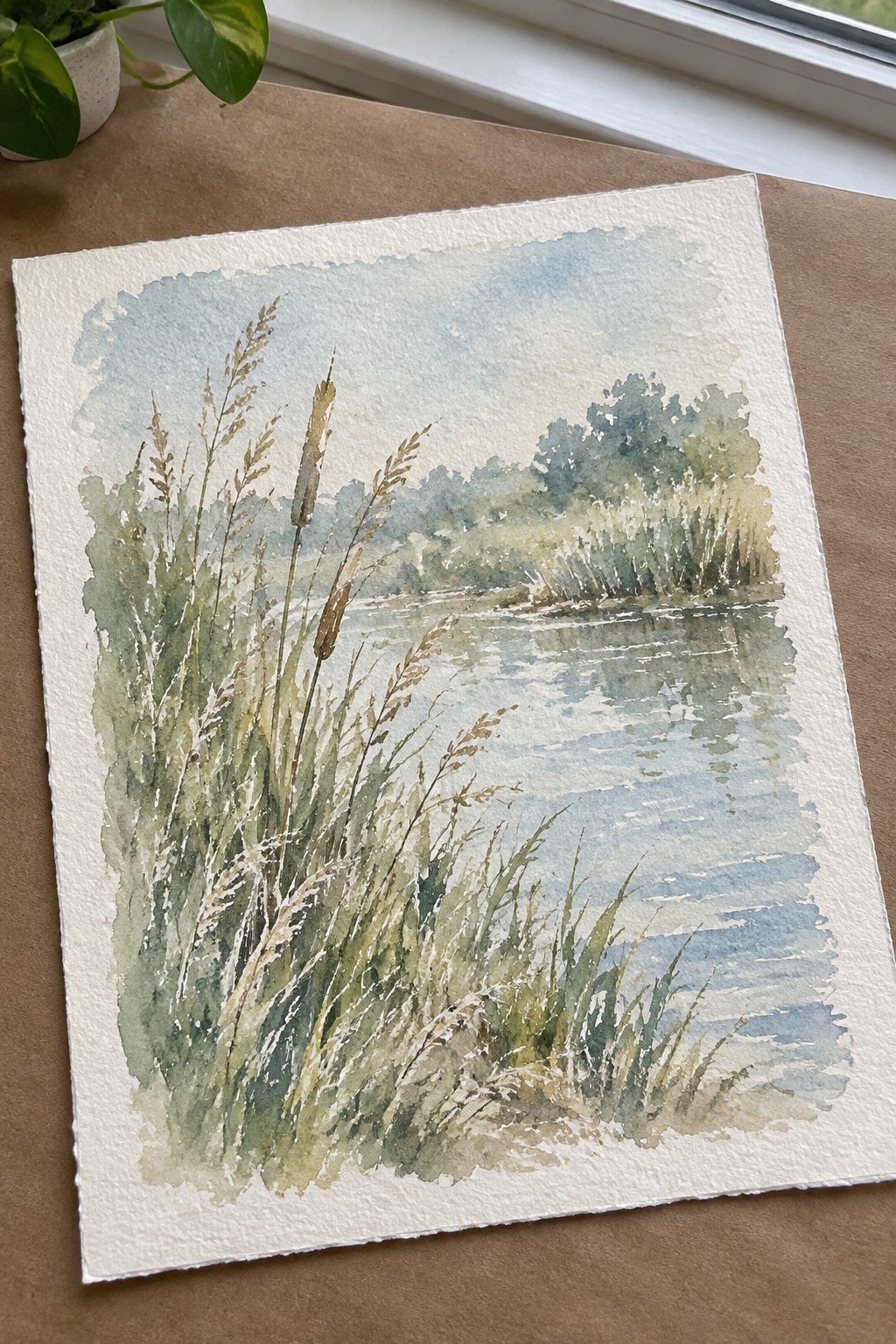 Watercolor of tall reeds along calm water with trees and soft blue sky