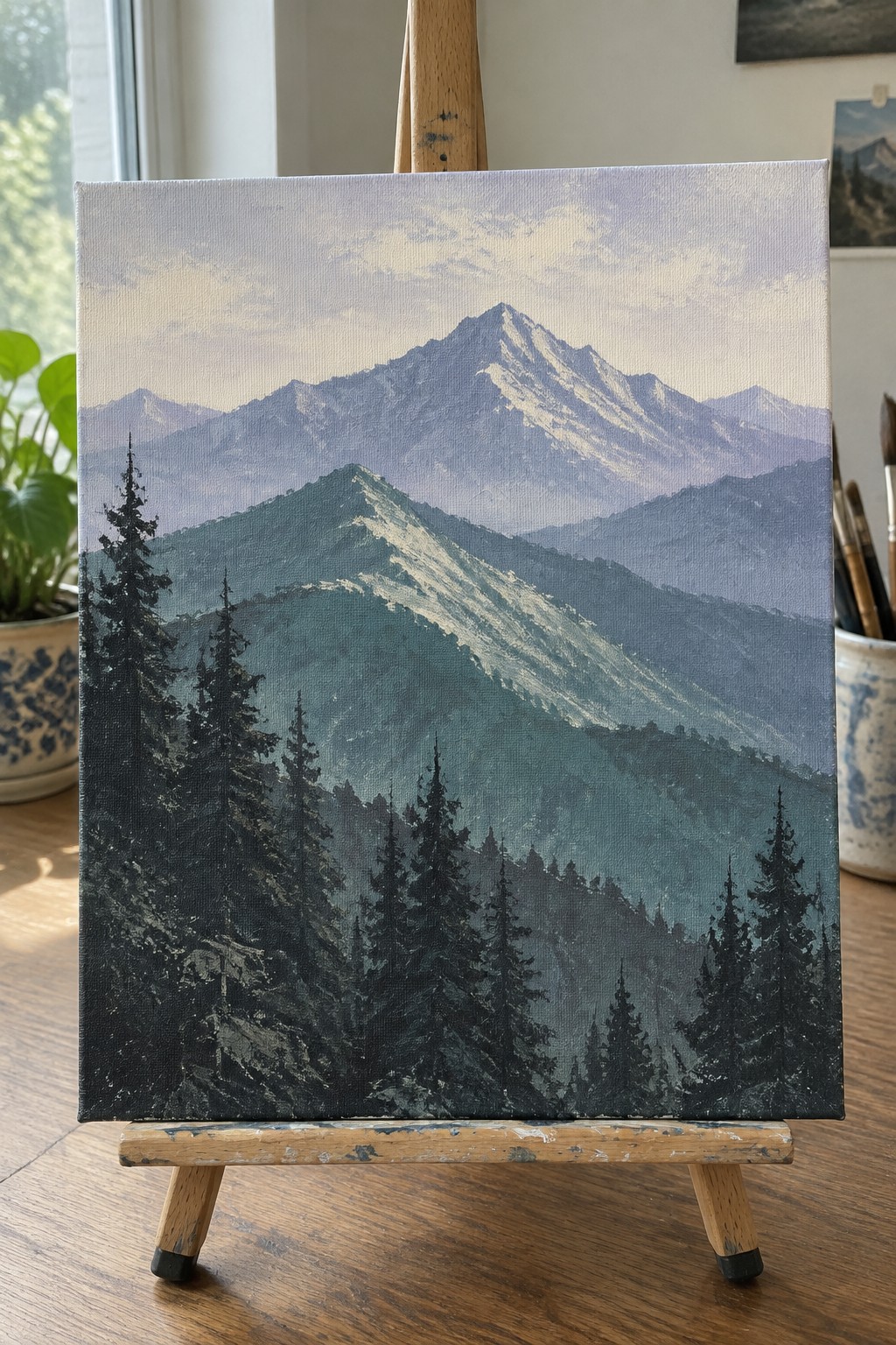 Landscape painting of snow-capped mountains and dark pine trees on easel