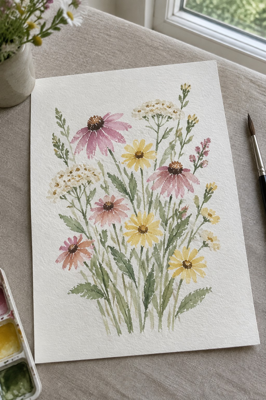 Watercolor wildflowers in pink, yellow, and white with green leaves on paper beside paintbrush and palette