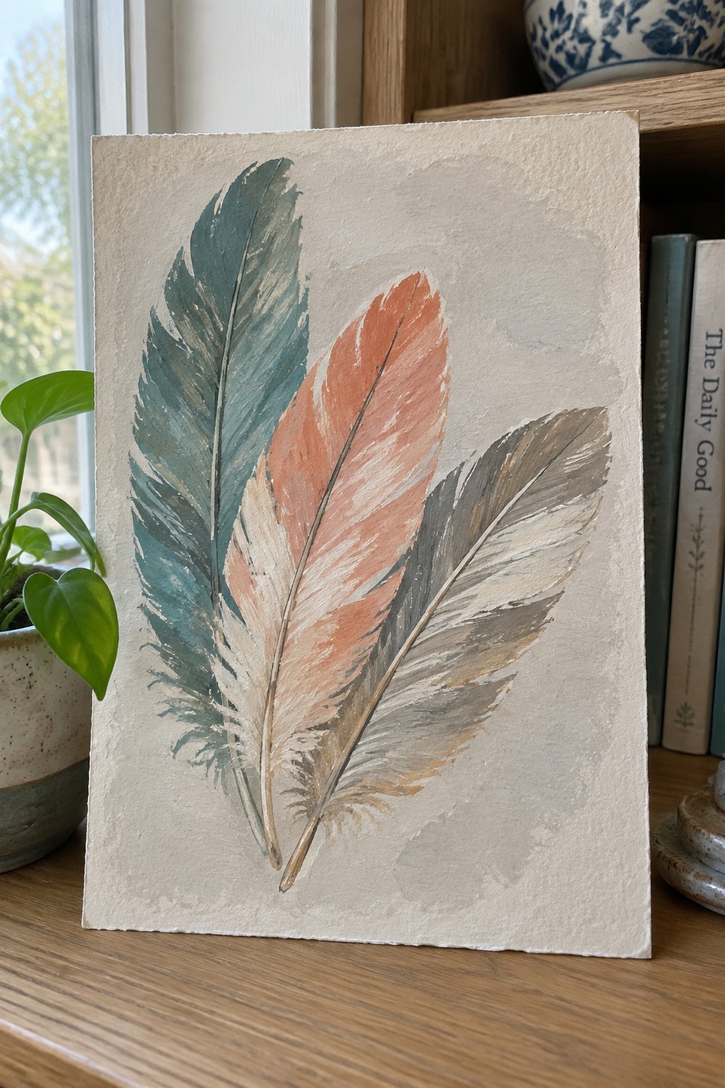 Three overlapping feathers painted in teal, coral, and gray on textured paper.