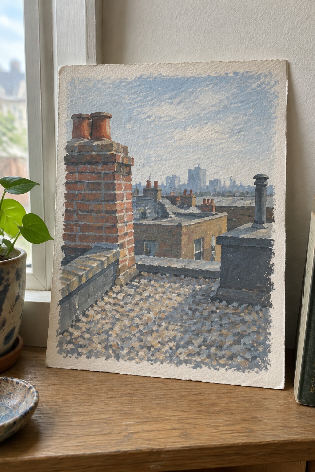 Watercolor painting of brick chimney on pebbled rooftop overlooking city skyline