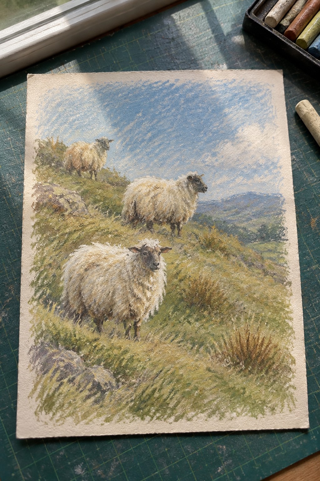 Three sheep on grassy hills in a soft pastel landscape drawing with supplies nearby