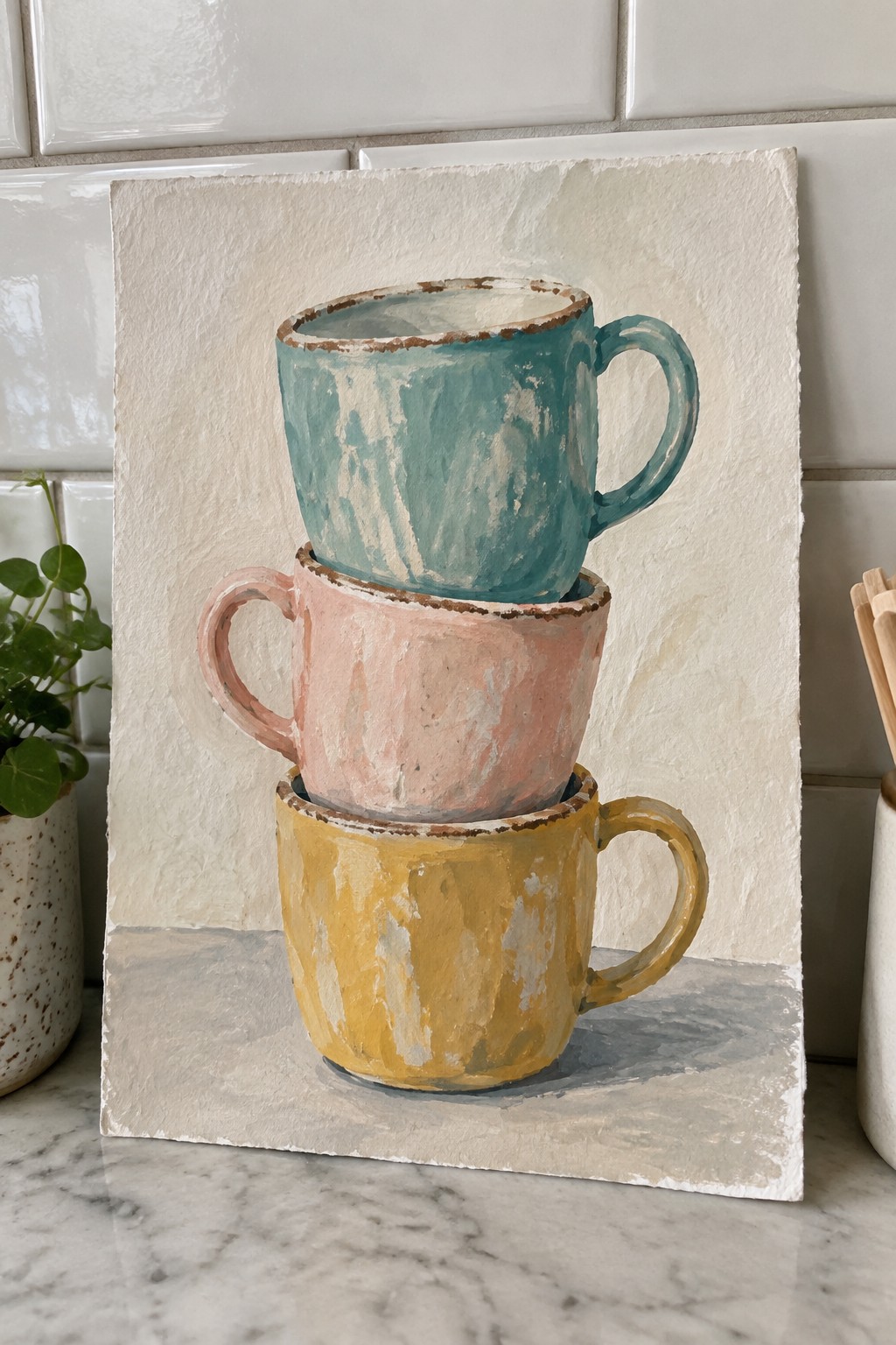 Three stacked distressed mugs in yellow, pink, and teal on a canvas.