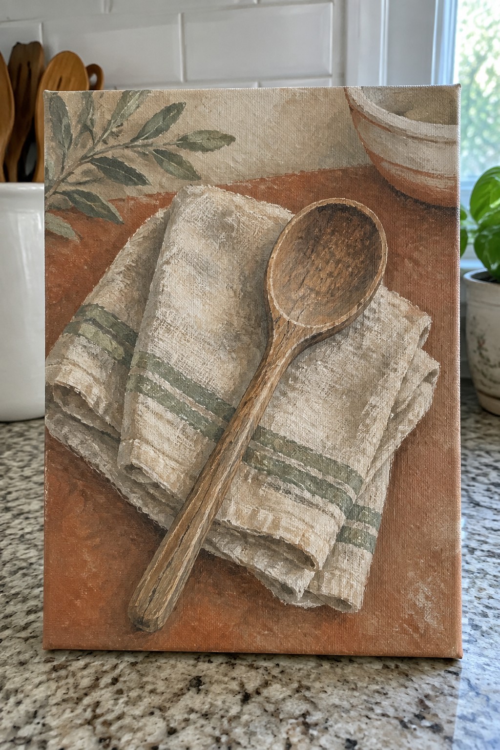 Rustic painting of wooden spoon on green-striped cloth over terracotta surface.