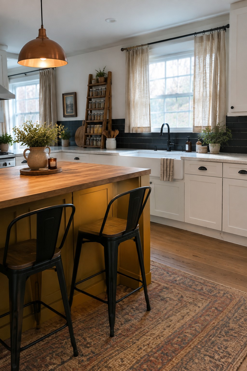 Cozy kitchen with wooden island, black stools, copper pendant light, and white cabinets.