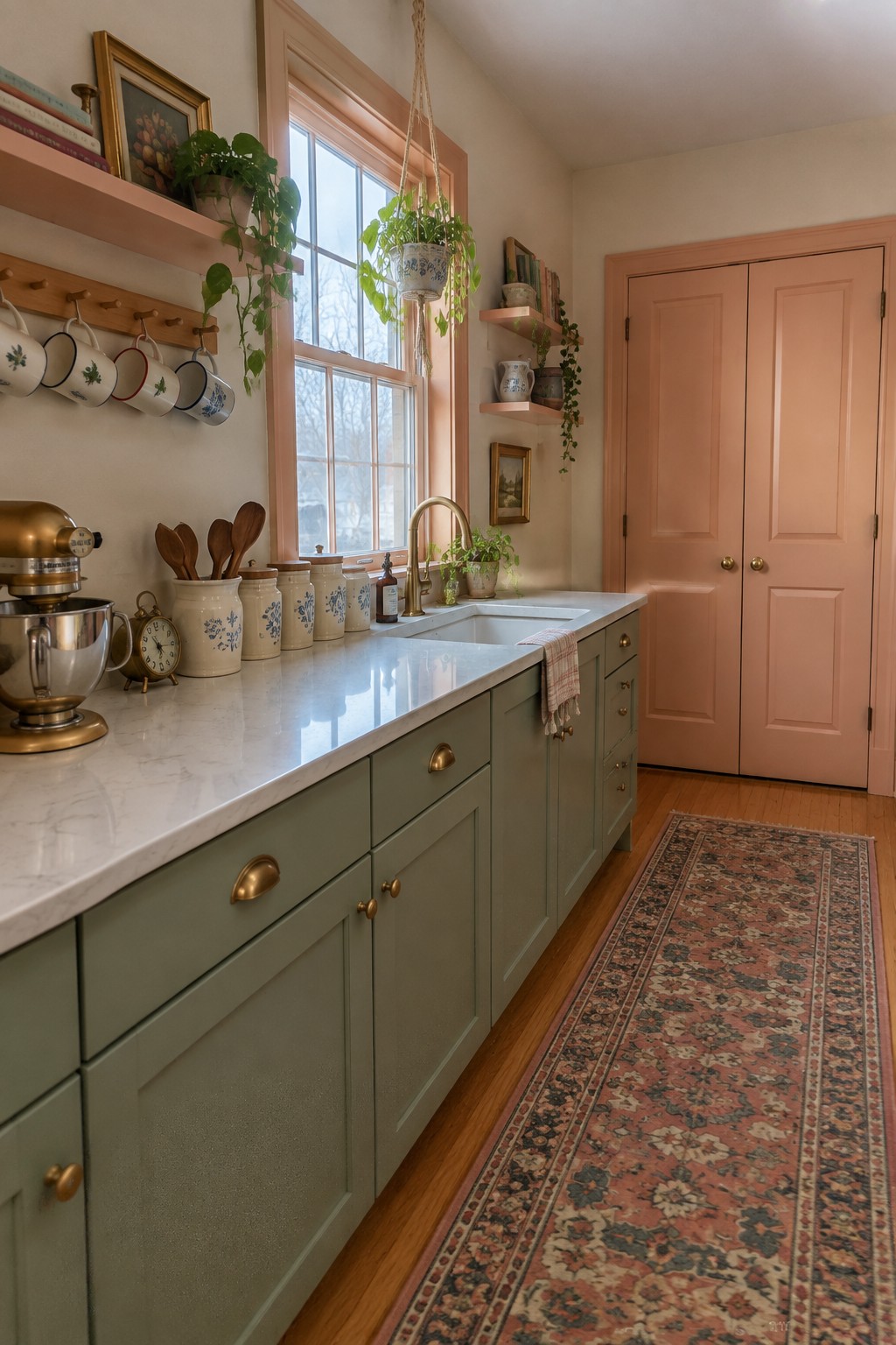 Sage green kitchen with marble counter, hanging plants, pink door, and floral runner rug.