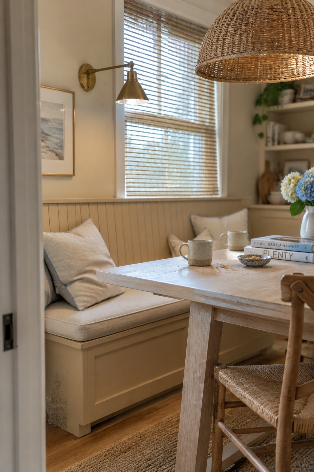 Cozy dining nook with light wood table, built-in bench, woven pendant light, and window blinds