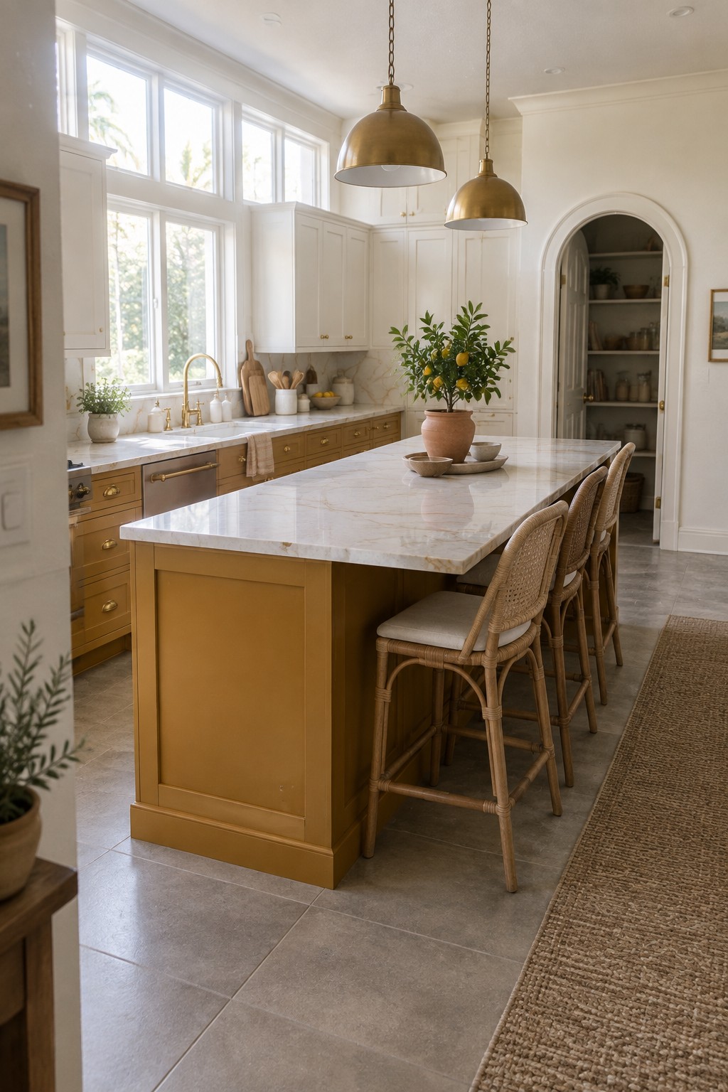 A warm golden yellow kitchen island with white marble countertop and woven bar stools.
