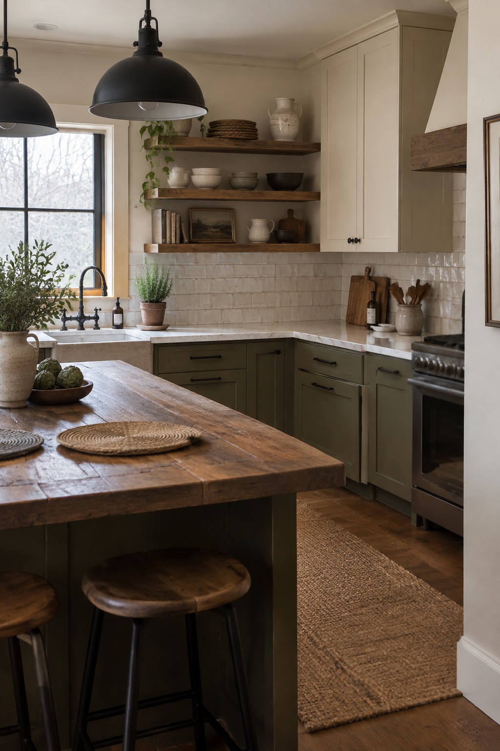 Rustic kitchen with wooden island, sage green cabinets, open shelves, and woven rug