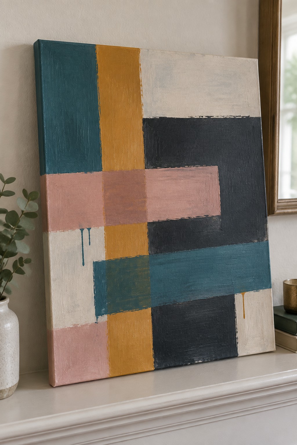 Abstract geometric painting with teal, mustard, pink, and black blocks on mantel