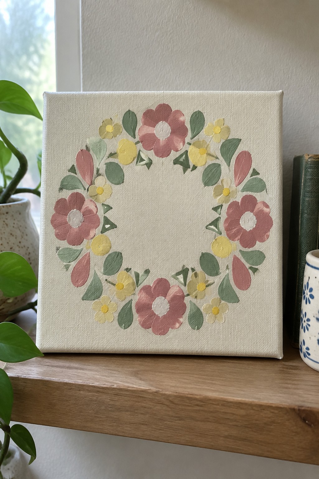 Floral wreath painting with pink and yellow blooms on white canvas shelf