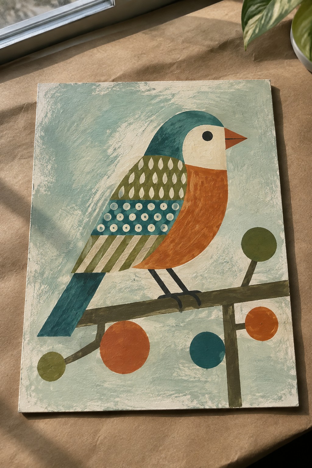 Vibrant folk-style bird with teal head, orange body, patterned wings on branch with circles