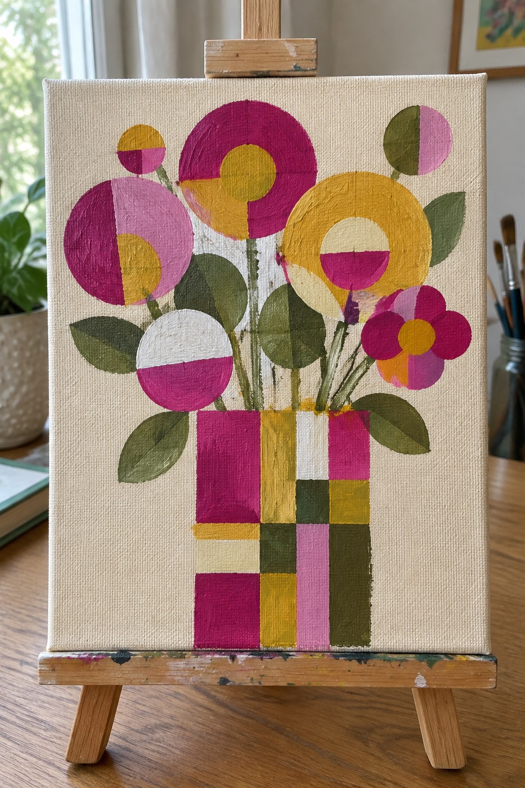 A canvas painting of abstract flowers formed from circles in magenta, yellow, pink, and green, arranged in a striped geometric vase.