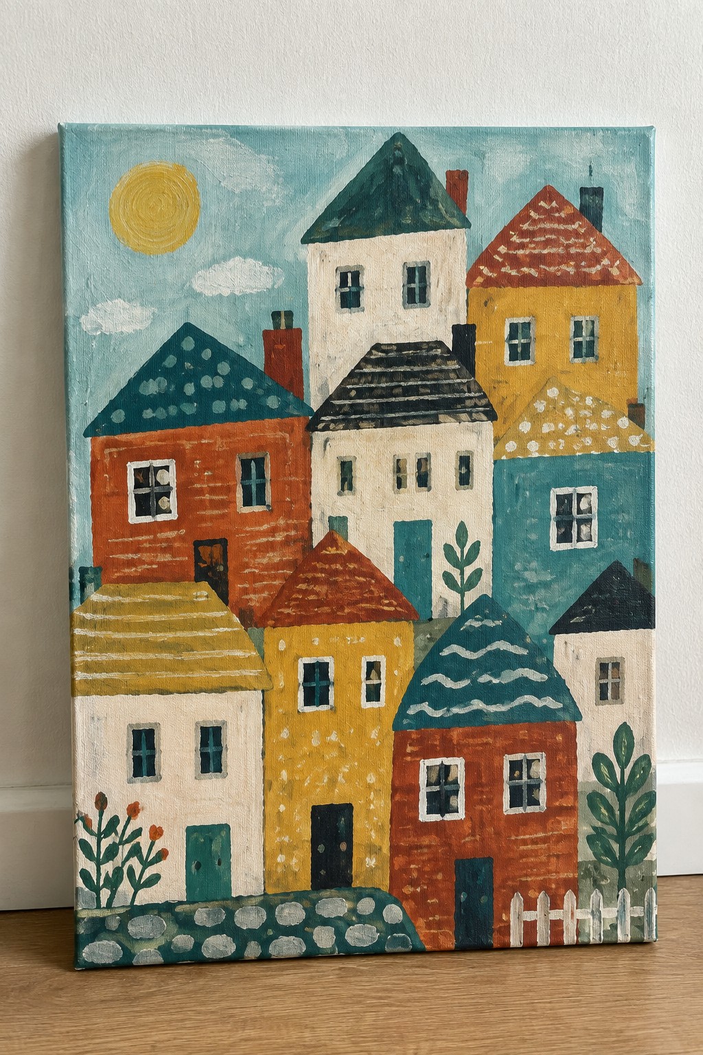 Vibrant folk-art painting of clustered colorful houses with yellow sun and clouds.