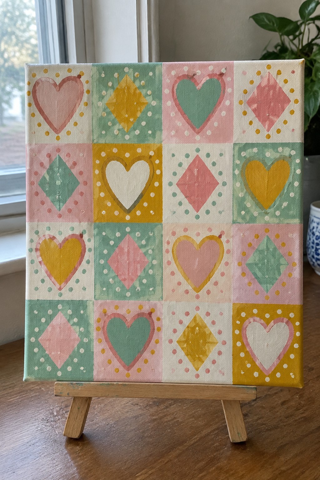 Colorful checkered canvas with pastel hearts and diamonds on a wooden easel.