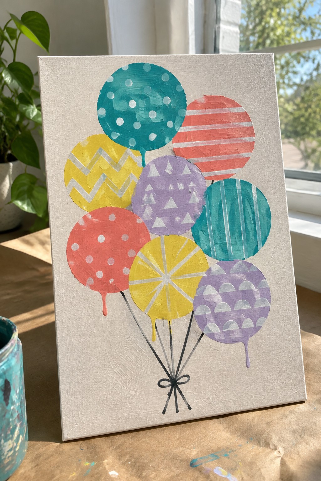 Colorful patterned balloon painting on white canvas with black tied strings
