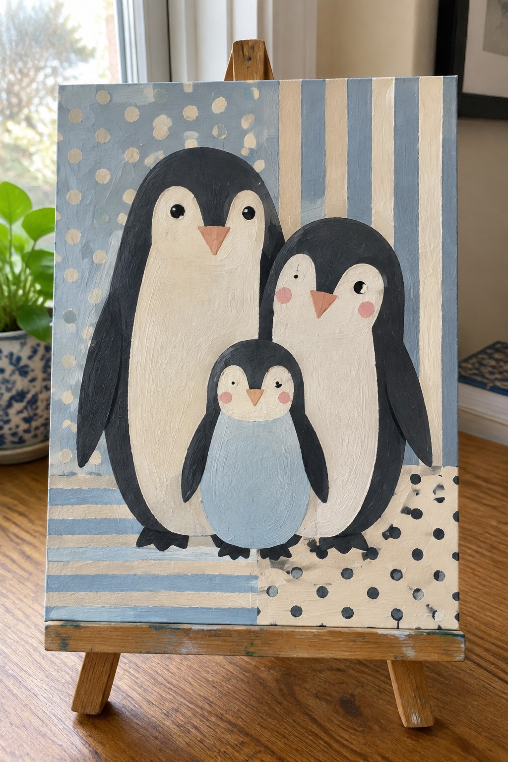 Three penguins painted on canvas with blue stripes and polka dots on wooden easel