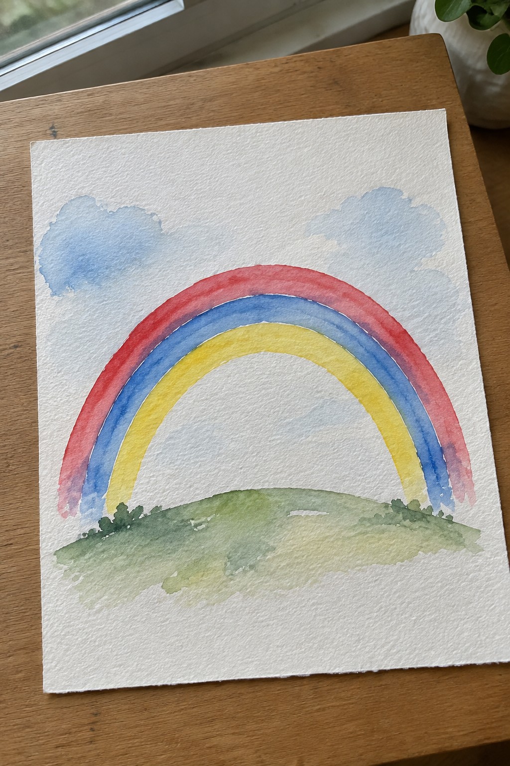 Watercolor rainbow arching over green hill with blue clouds on white paper