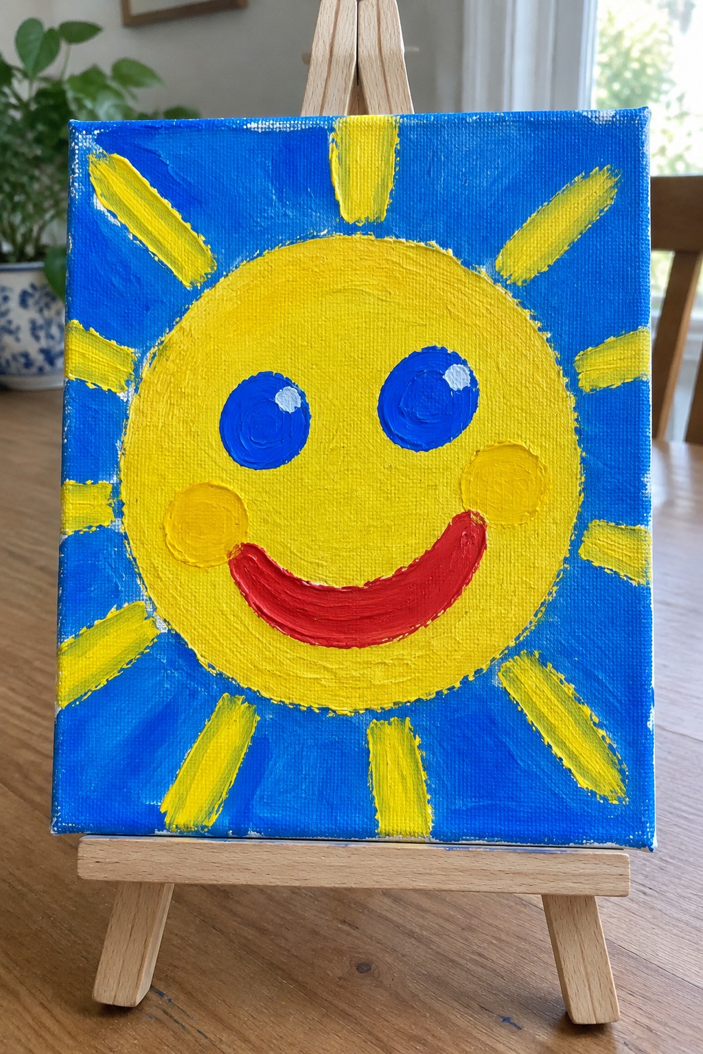 Vibrant yellow smiling sun painting with blue eyes and red mouth on wooden easel.