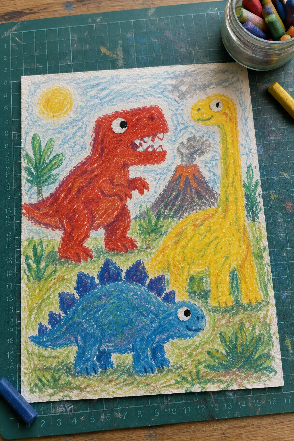 Three dinosaurs in red, yellow, and blue stand in a grassy landscape with a volcano and sun behind them.