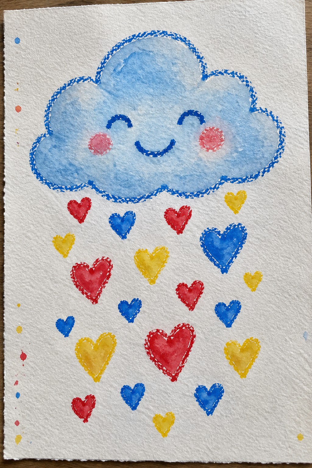 Watercolor of smiling blue cloud with pink cheeks raining red, blue, and yellow hearts.