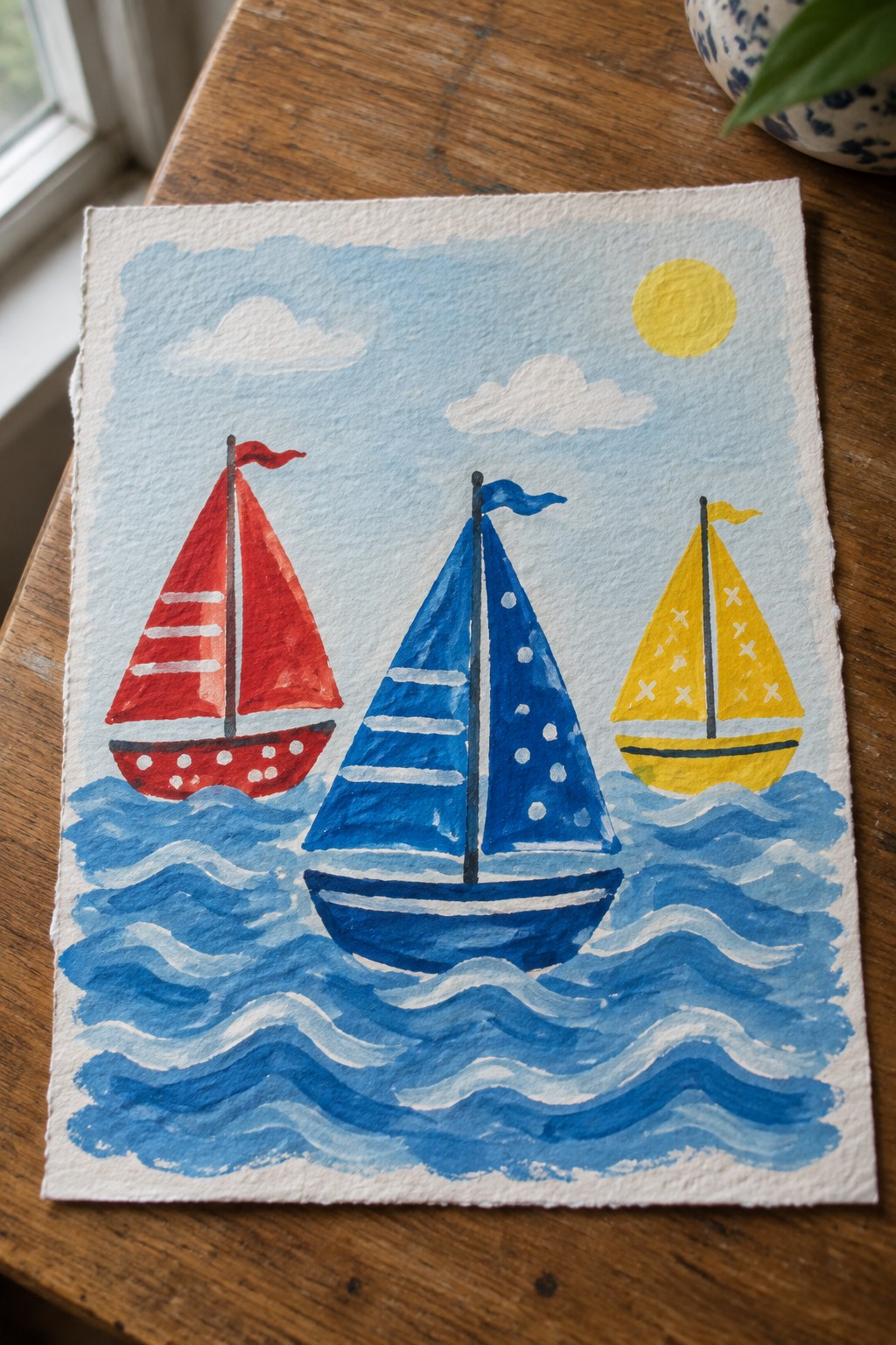 Watercolor of three sailboats in red, blue, and yellow on blue waves under sun