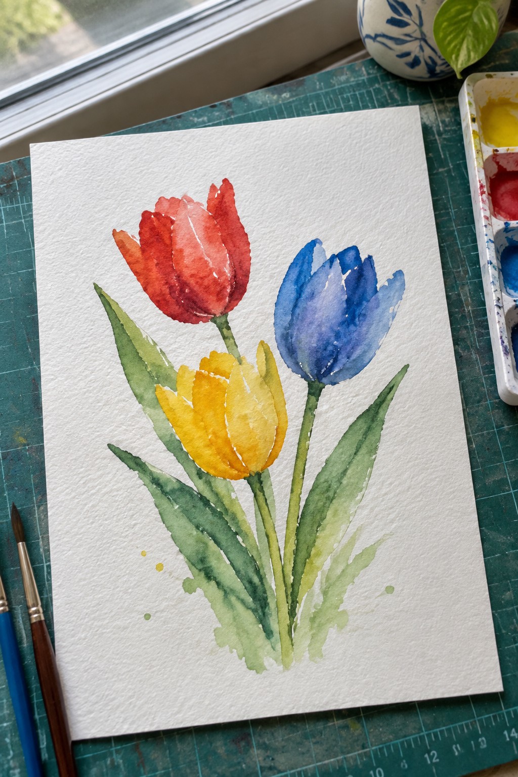 Watercolor painting of red, yellow, and blue tulips with paint palette and brushes on green mat.