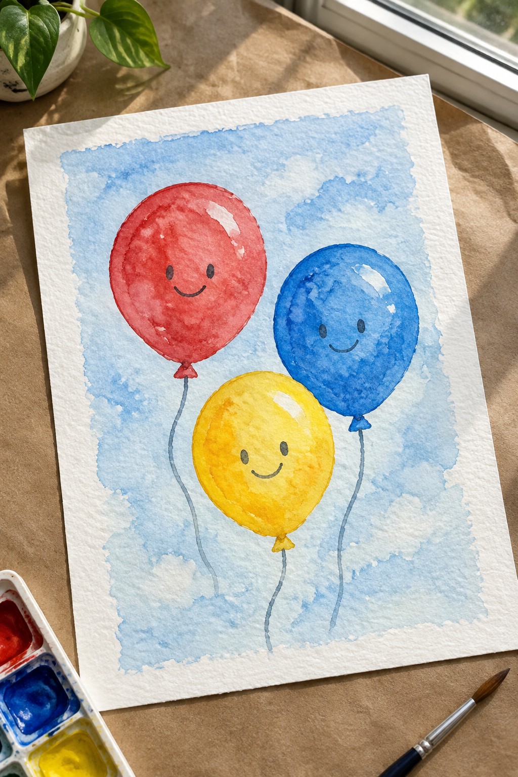 Watercolor painting of three smiling balloons in red, yellow, and blue against a blue sky with white clouds on white paper.