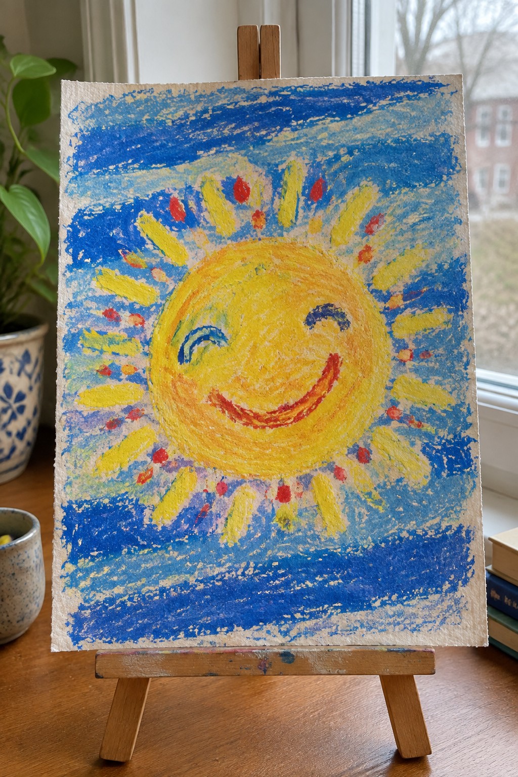 A painting of a yellow smiling sun with rays and a winking eye on a blue background, shown on a wooden easel.