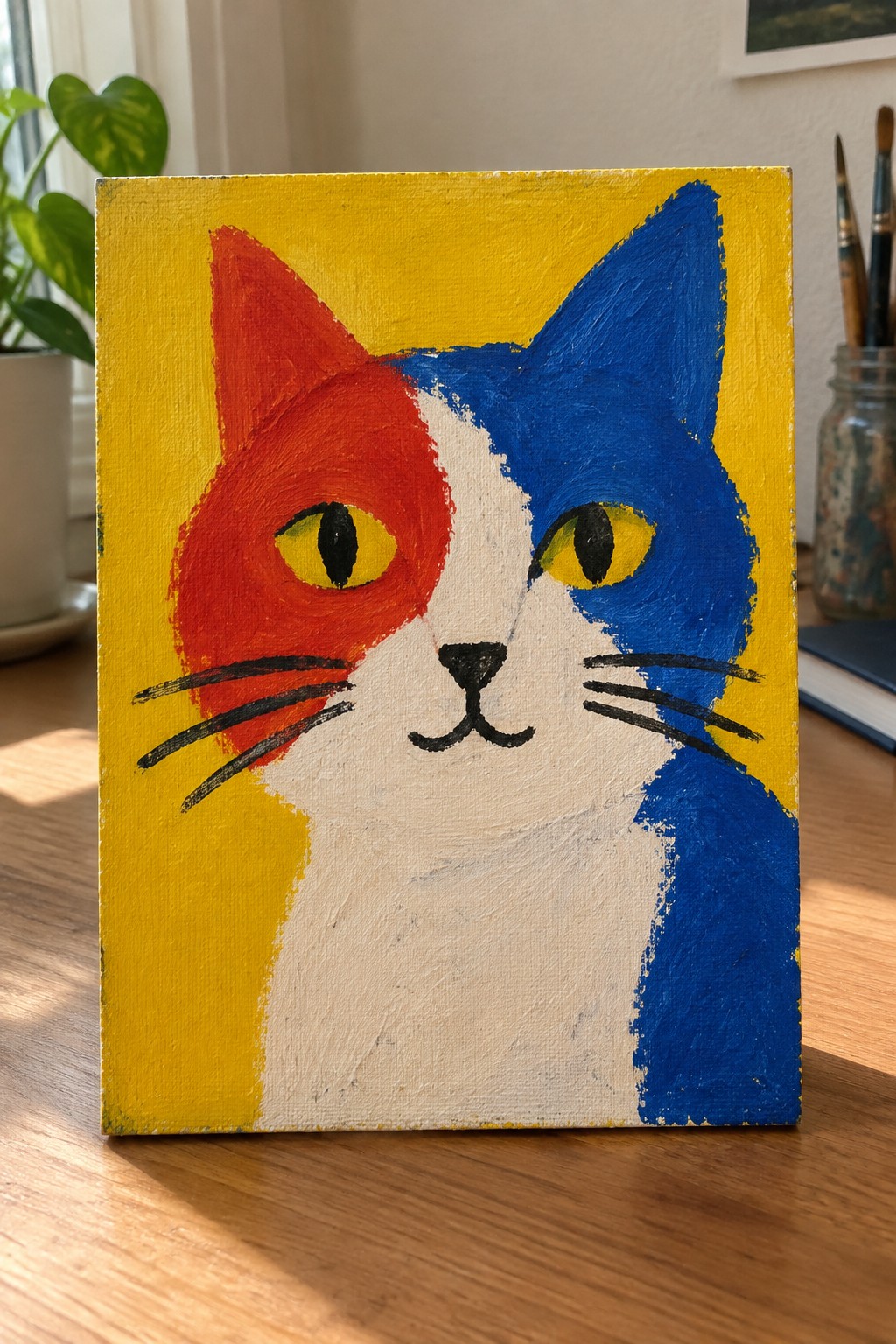 Colorful abstract cat face painting with red and blue halves on yellow background
