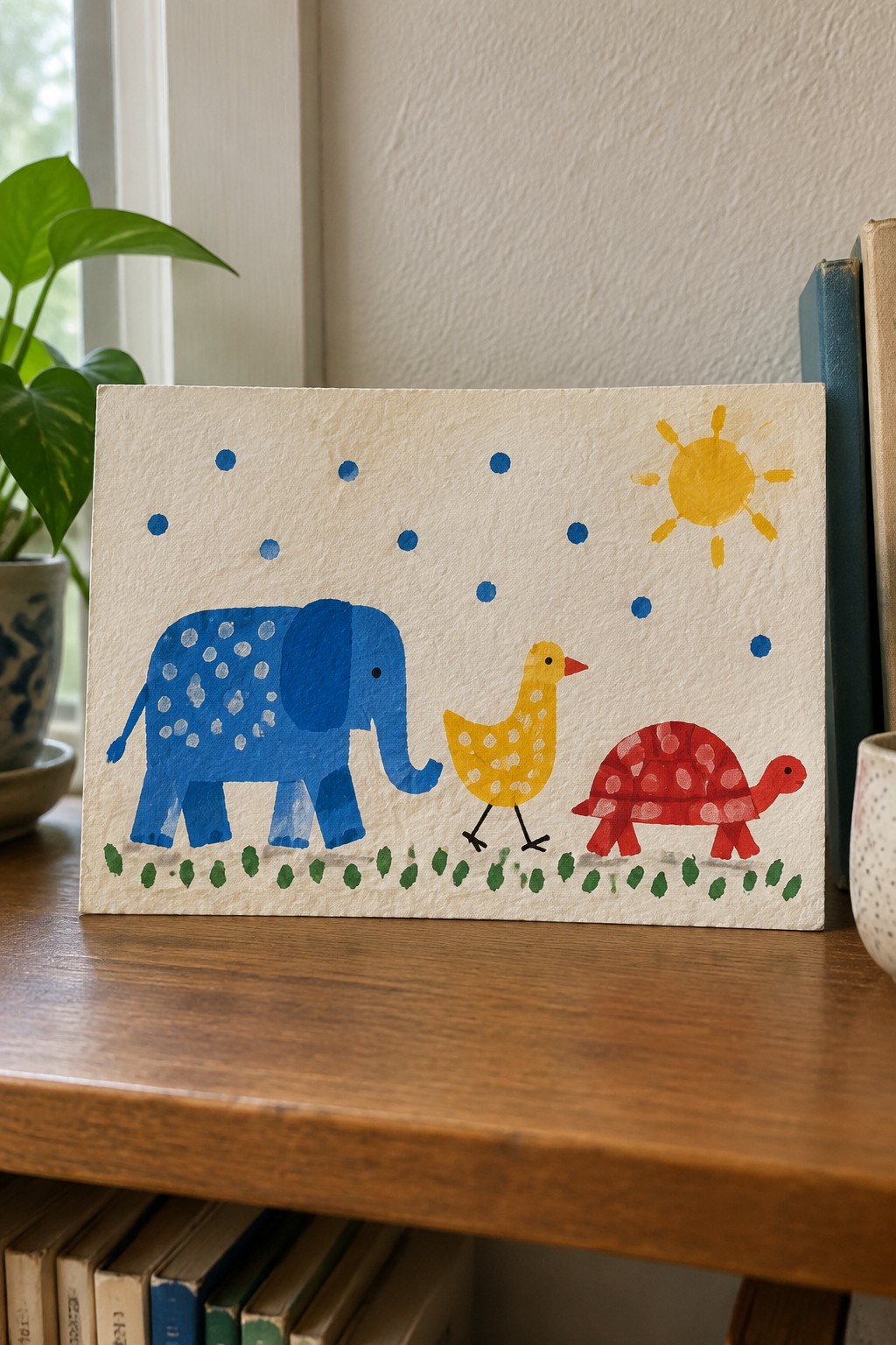 Watercolor painting of blue elephant, yellow bird, and red turtle walking under sun