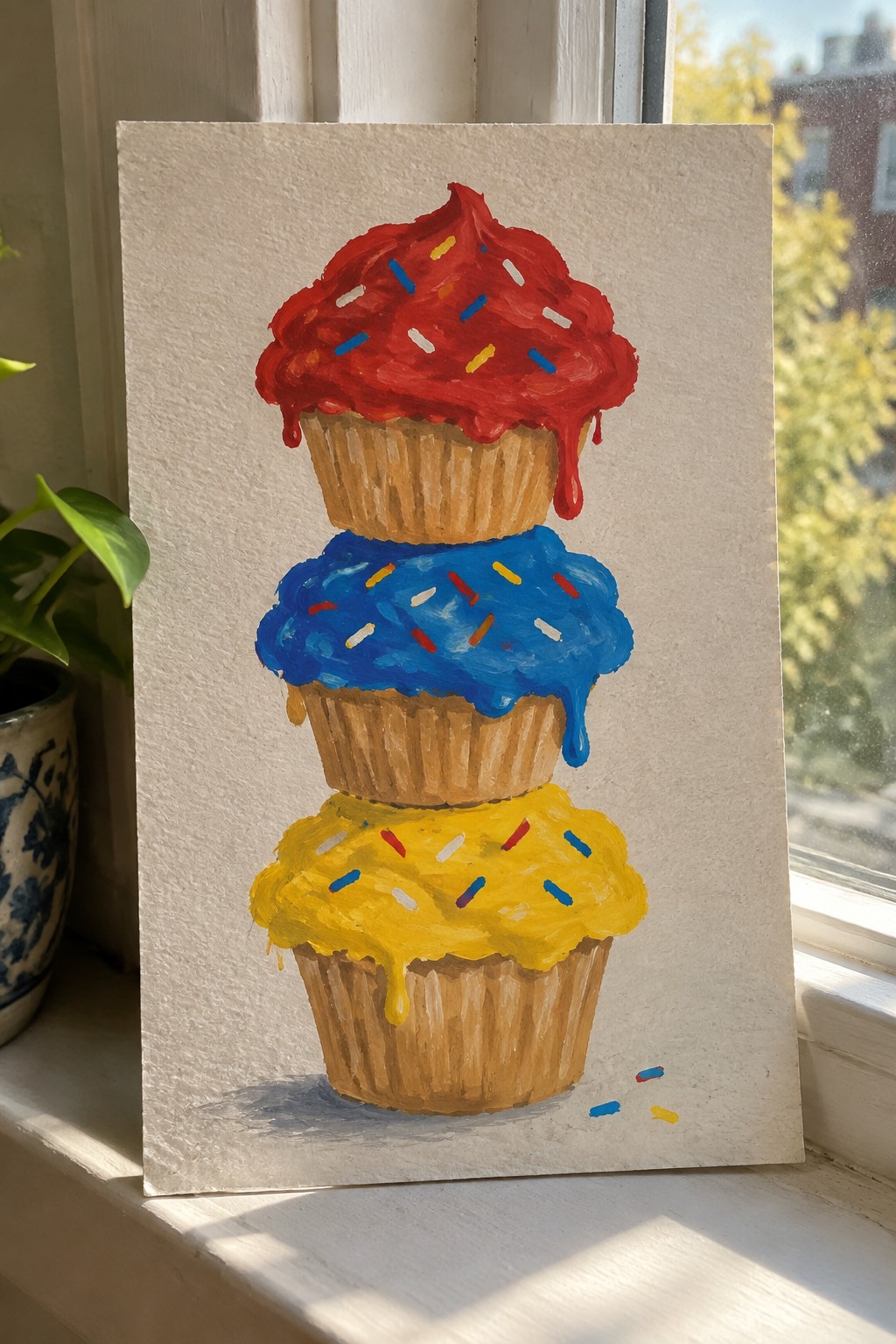 Painting of three stacked cupcakes with red, blue, and yellow dripping frosting.