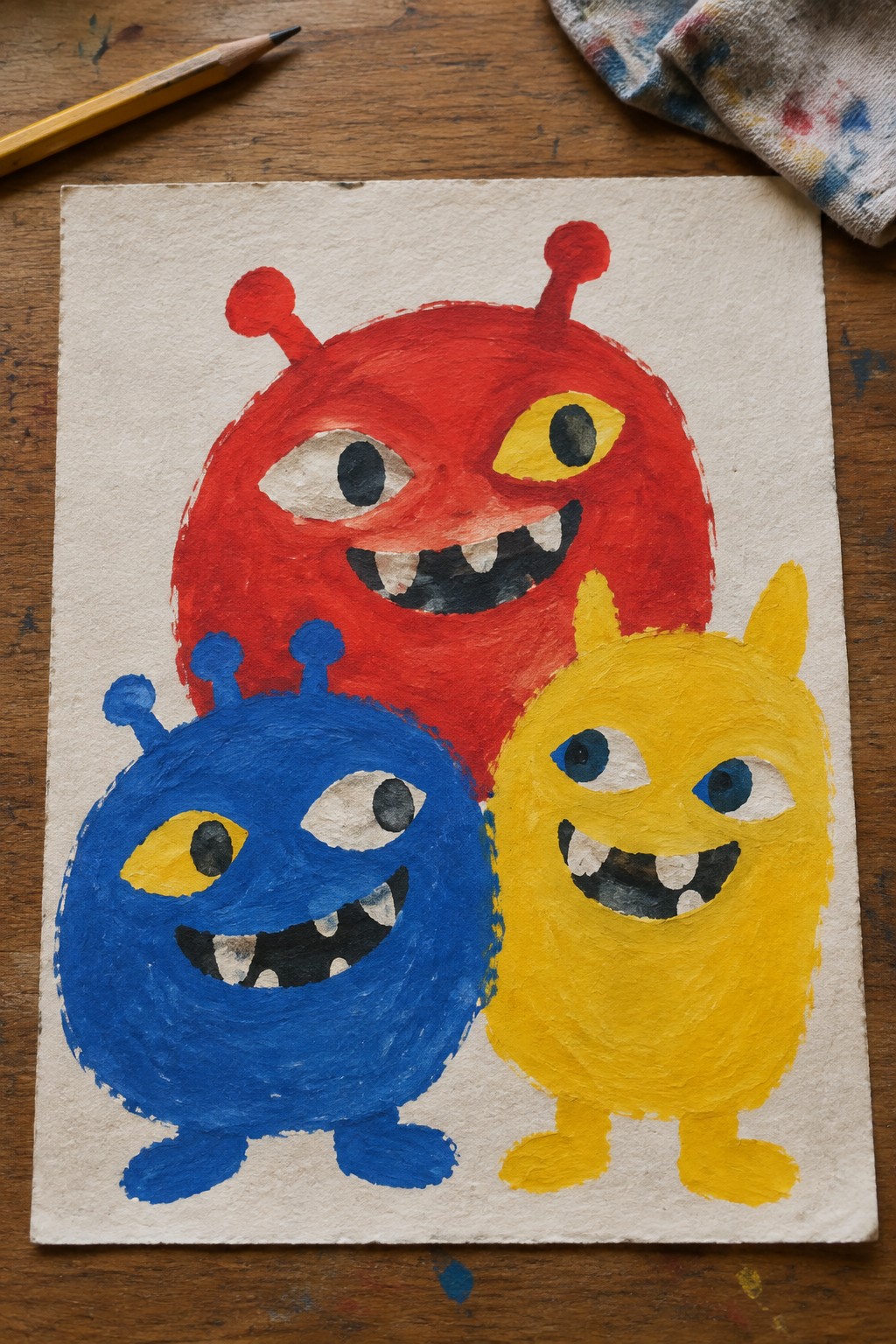 Three colorful monsters painted red, blue, and yellow on white paper with pencil nearby.
