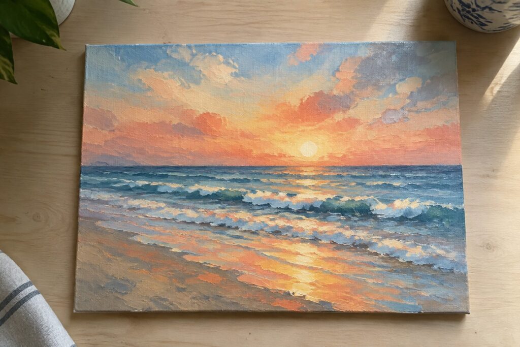 24 Impressionistic Painting Ideas for Beginners Using Short Loose Brushstrokes Colorful sunset painting with sun over ocean waves on sandy beach at dusk