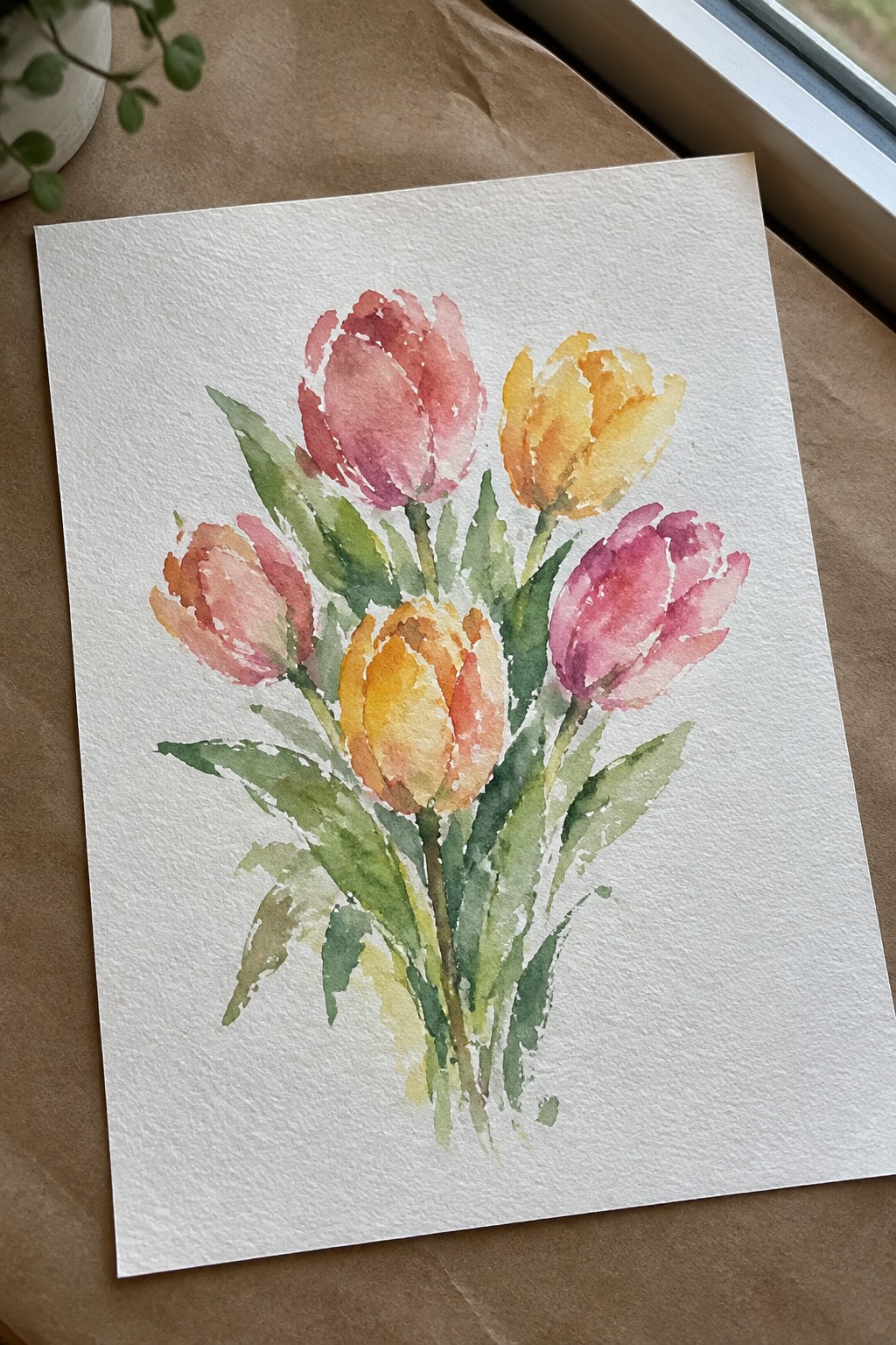 Watercolor painting of several pink, yellow, and orange tulips with green leaves on white paper.