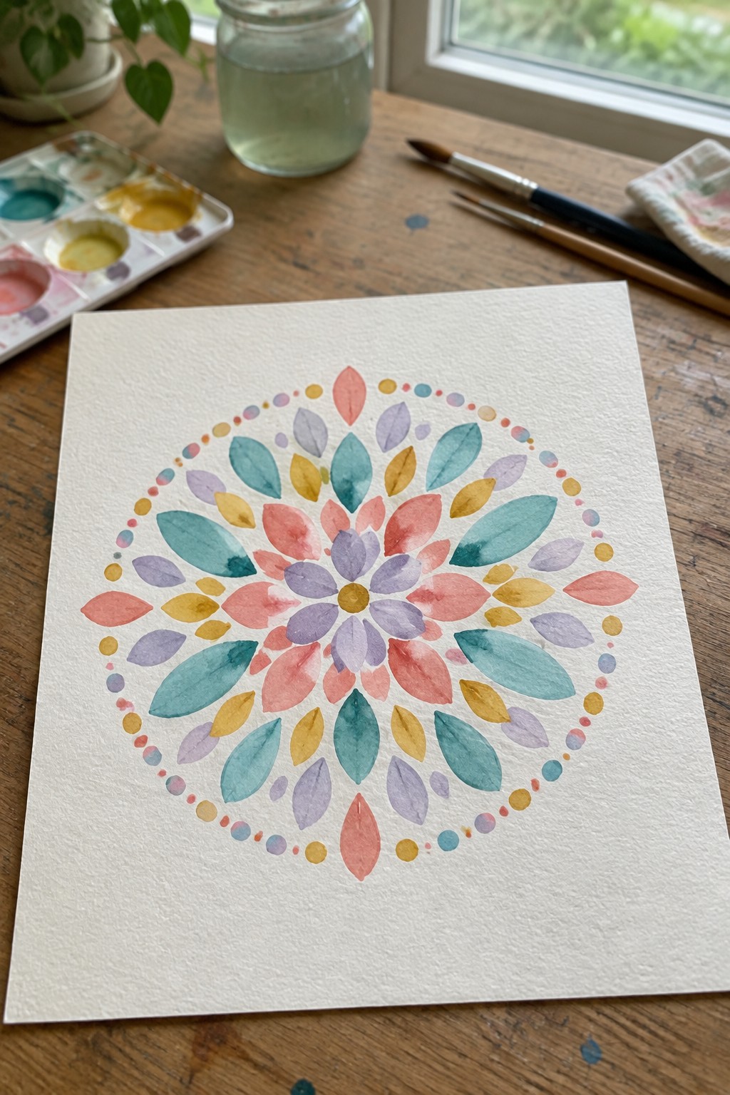 Colorful watercolor mandala with pastel leaves and dots on white paper beside paint supplies.