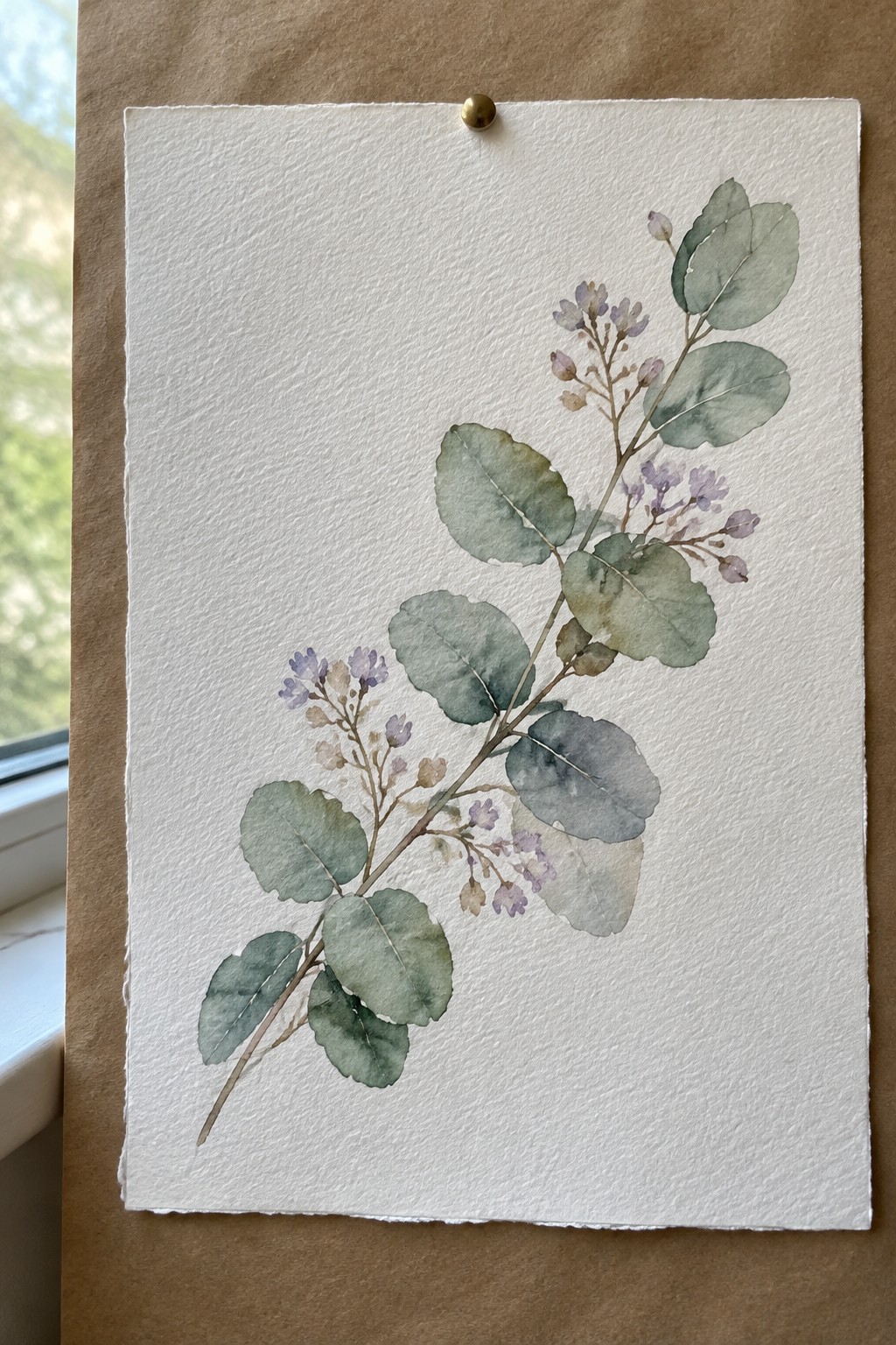 Watercolor painting of eucalyptus branch with green leaves and purple flowers pinned to paper