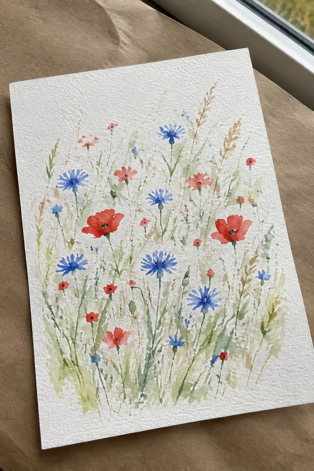 Watercolor wildflowers with red poppies, blue cornflowers, and green grasses on paper