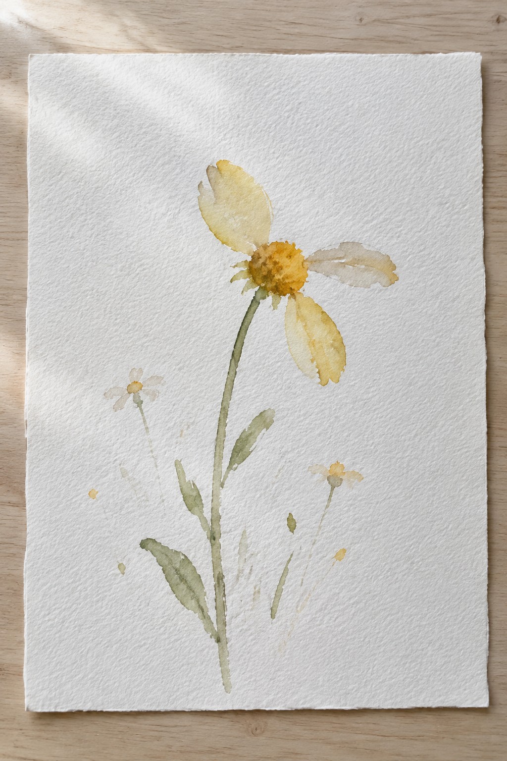 Watercolor of tall yellow flower with orange center, green stem, and small blooms