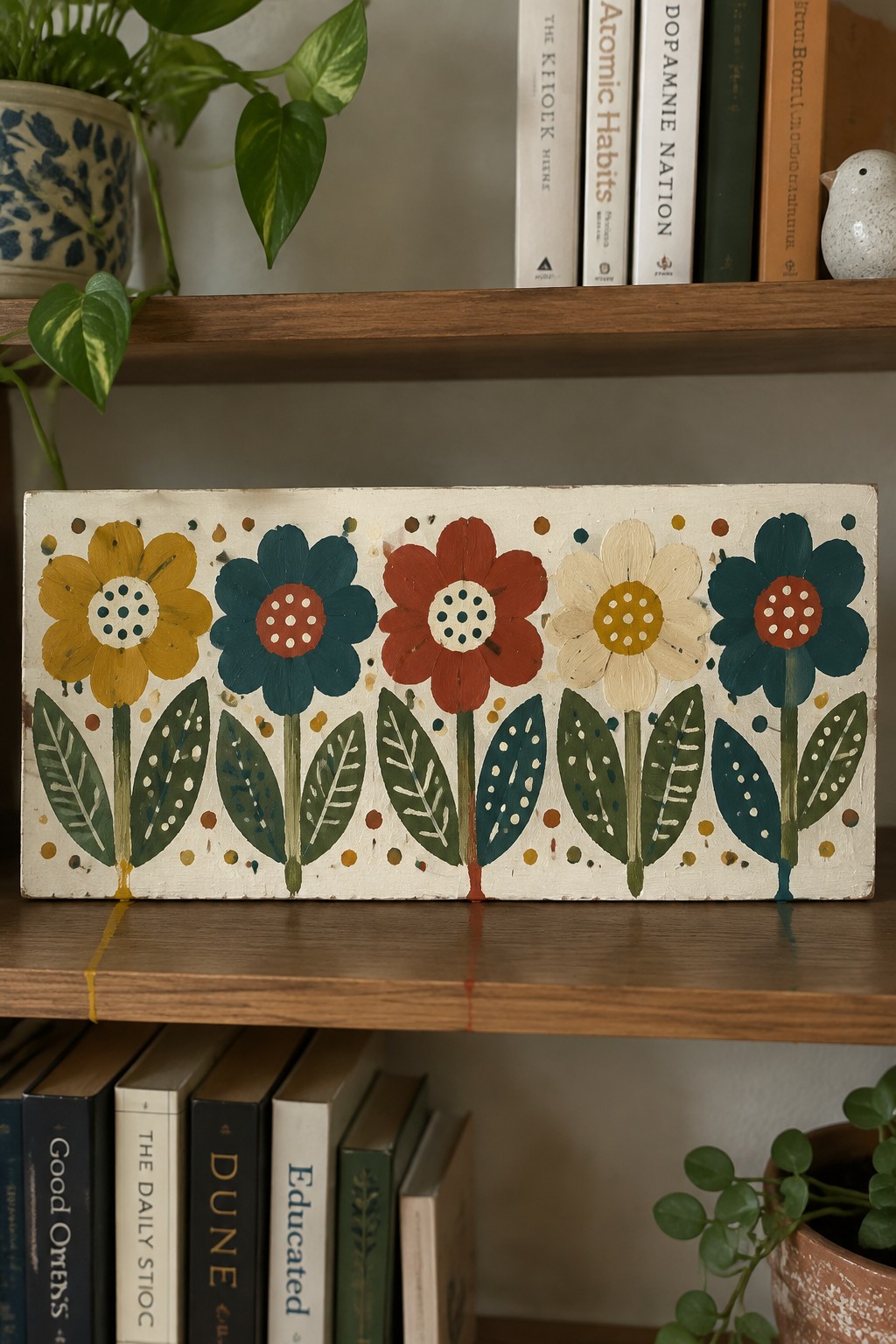 Hand-painted wooden plaque with five colorful flowers on a bookshelf.