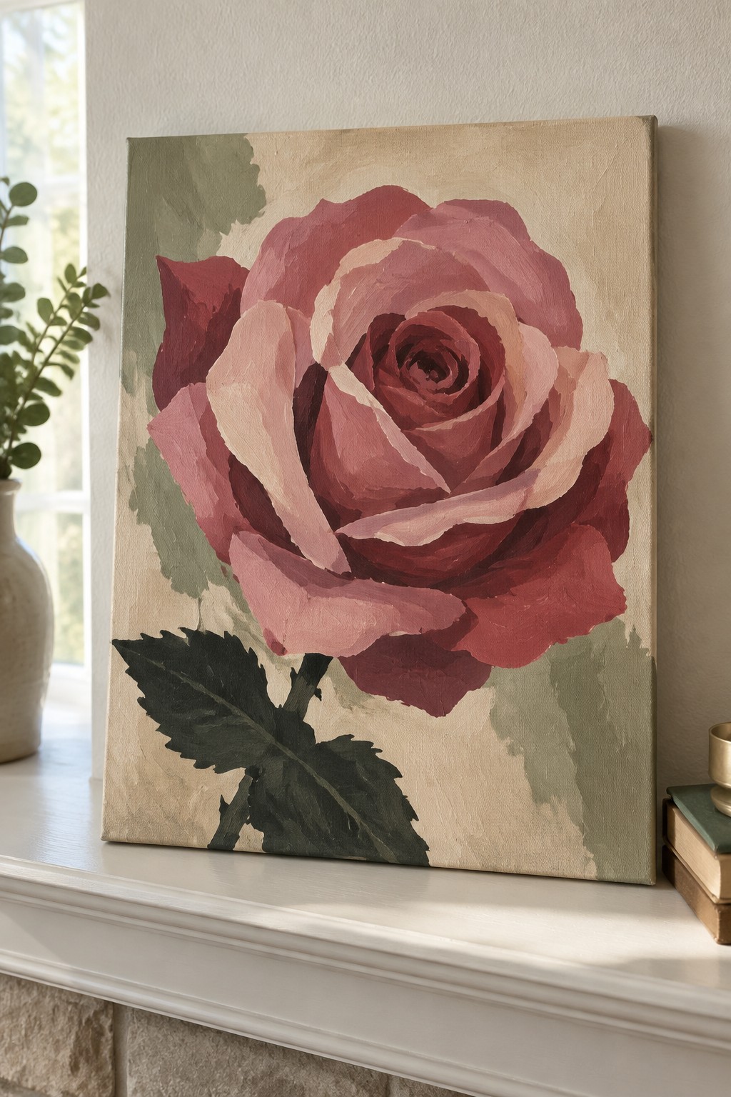 Large pink rose painting on canvas resting on white windowsill beside books and vase.