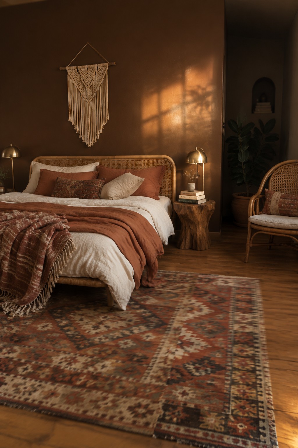 Deep brown walls in a bedroom with a rattan bed frame and warm wood accents.